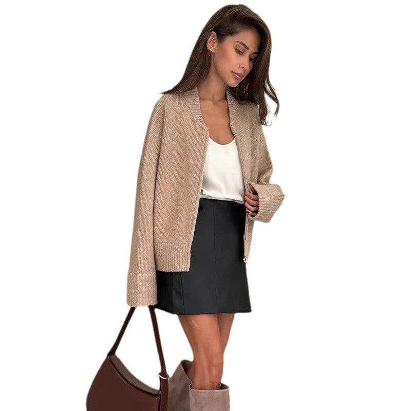 Women's Spring Clothing Casual All-match Round Neck Zipper Knitted Short Coat