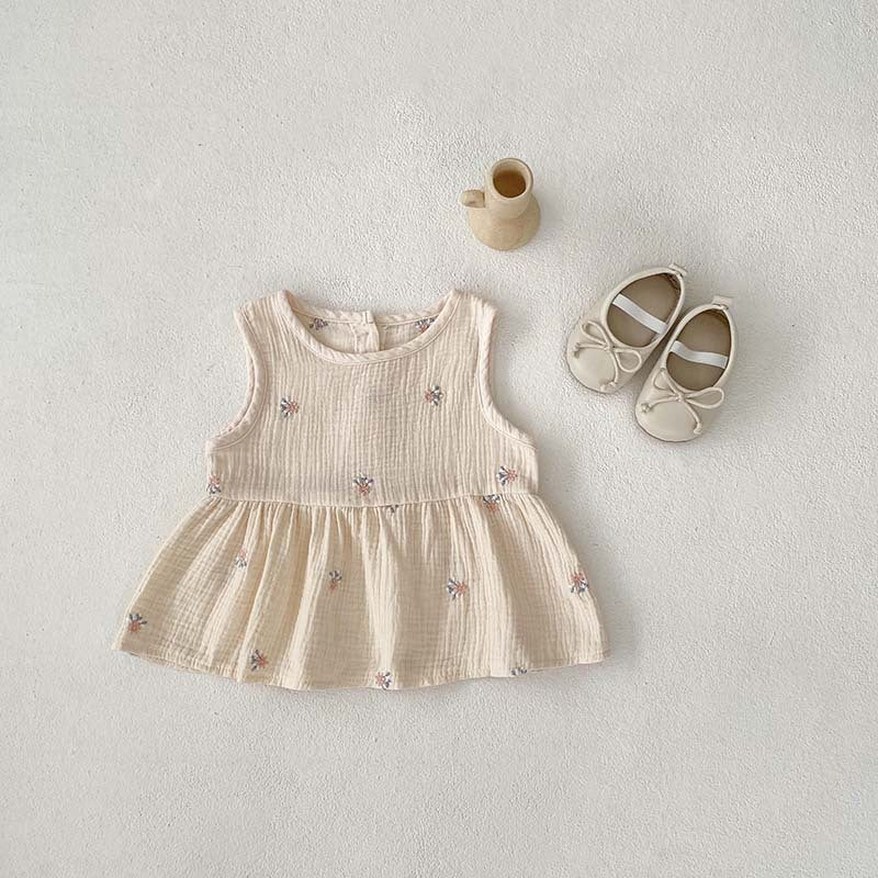 Girls' Plaid Embroidered Sleeveless Short Skirt Two-piece Set