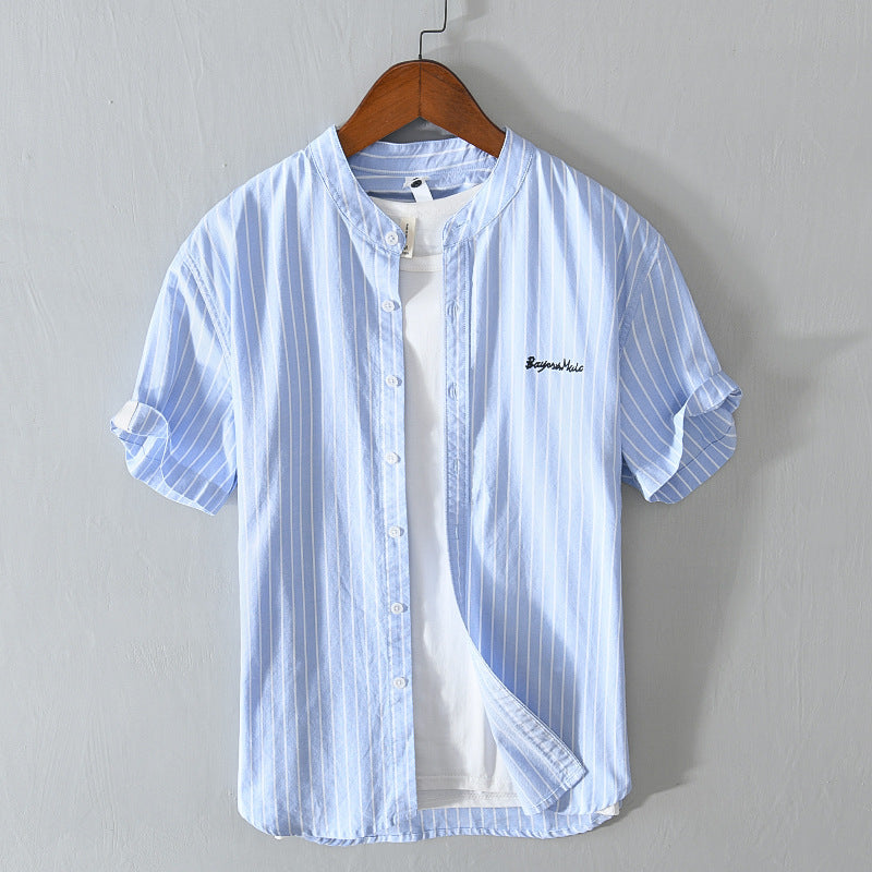 English Letter Stripes Short Sleeve Embroidered Shirt Men's Clothing
