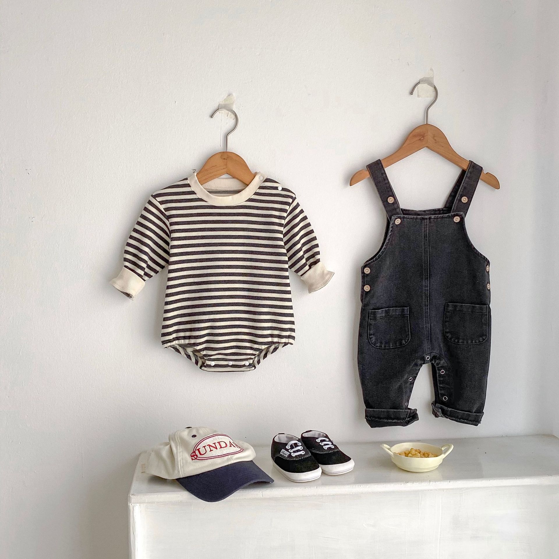 Children's Striped Denim Jumpsuit Two-piece Set