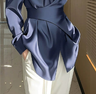 Blue Shirt Satin Waist Trimming Shirt Women's Clothing