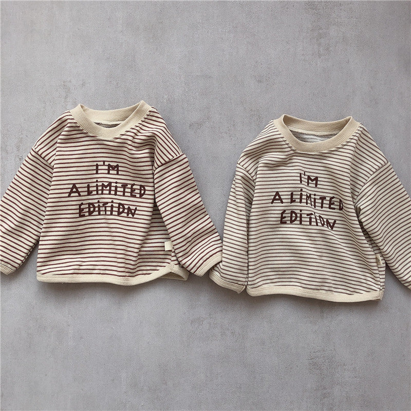 Baby suit Korean version spring new baby alphabet striped T-shirt patch casual pants baby two-piece suit