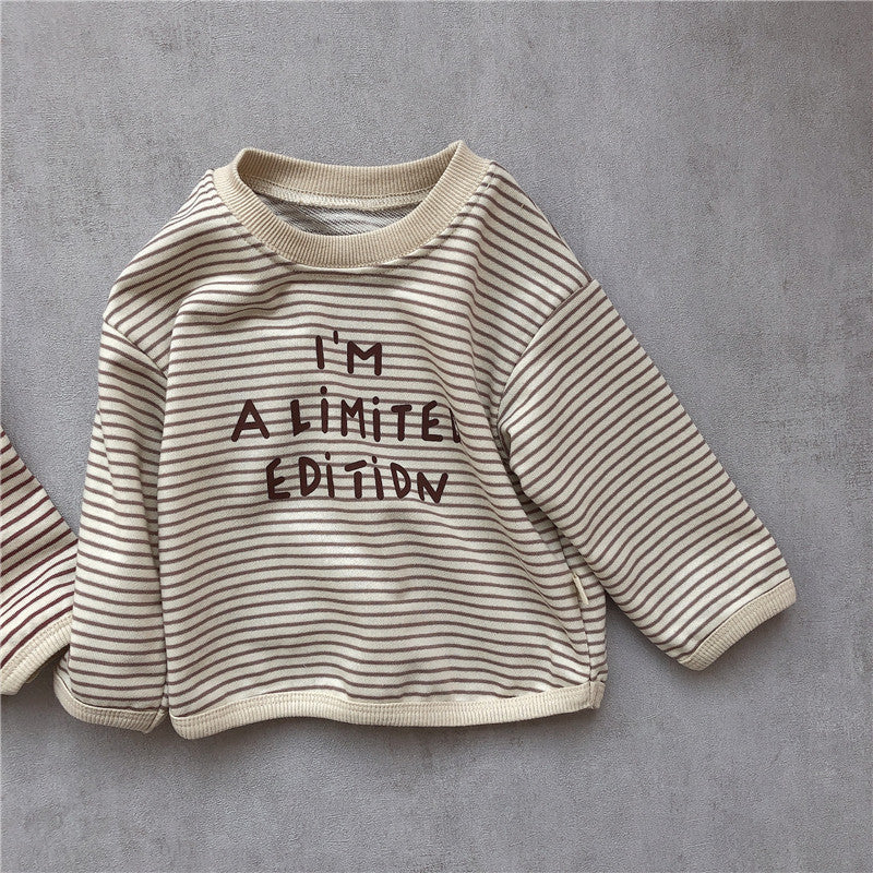 Baby suit Korean version spring new baby alphabet striped T-shirt patch casual pants baby two-piece suit