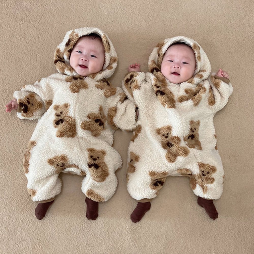 Winter Men's And Women's Baby Onesies, Cotton-padded Clothes, Cute Bears Plus Velvet, Thick Warm Jacket, Long Climbing Clothes, Outing Clothes