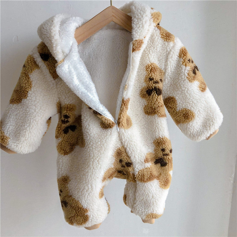 Winter Men's And Women's Baby Onesies, Cotton-padded Clothes, Cute Bears Plus Velvet, Thick Warm Jacket, Long Climbing Clothes, Outing Clothes