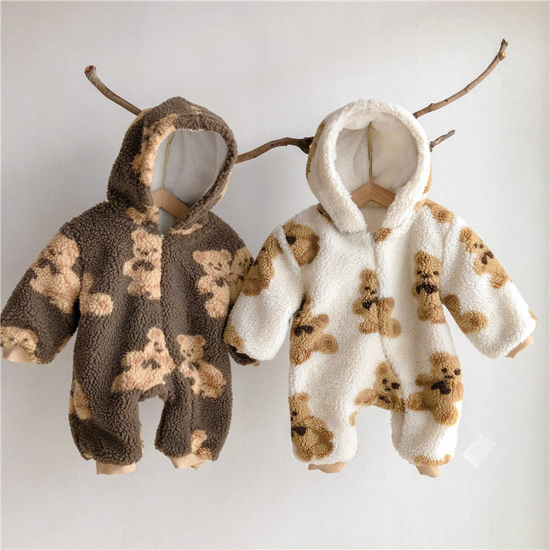 Winter Men's And Women's Baby Onesies, Cotton-padded Clothes, Cute Bears Plus Velvet, Thick Warm Jacket, Long Climbing Clothes, Outing Clothes