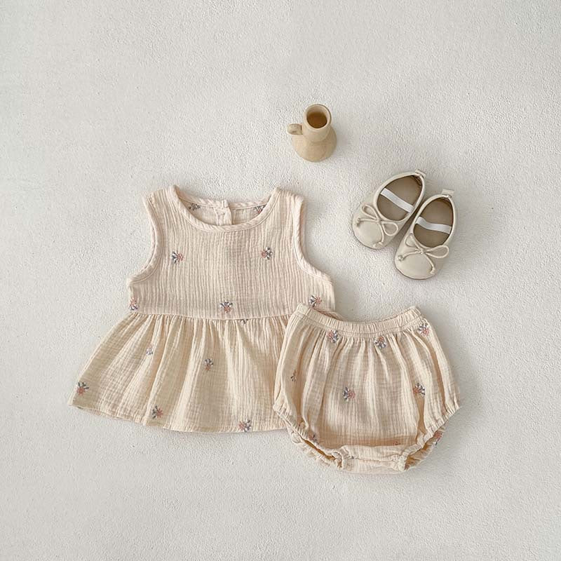 Girls' Plaid Embroidered Sleeveless Short Skirt Two-piece Set