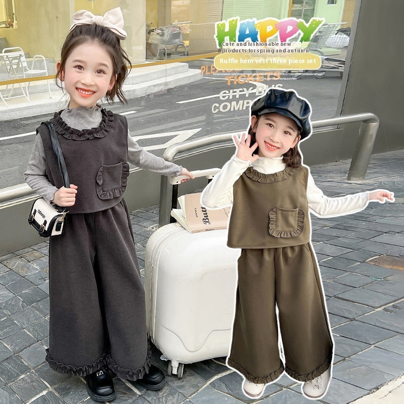 Girls Fashionable Stringy Selvedge Vest Three-piece