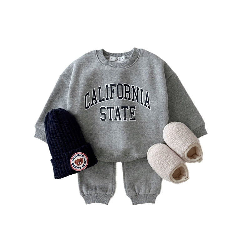 Boys And Girls Lettered Casual Brushed Hoody Warm Trousers Two-piece Set
