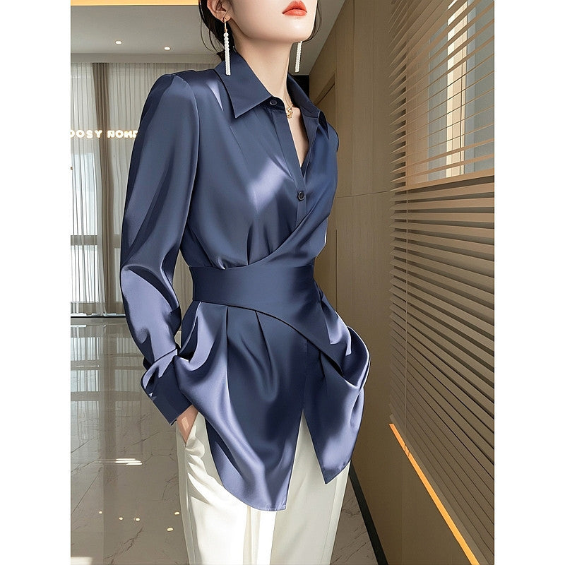 Blue Shirt Satin Waist Trimming Shirt Women's Clothing