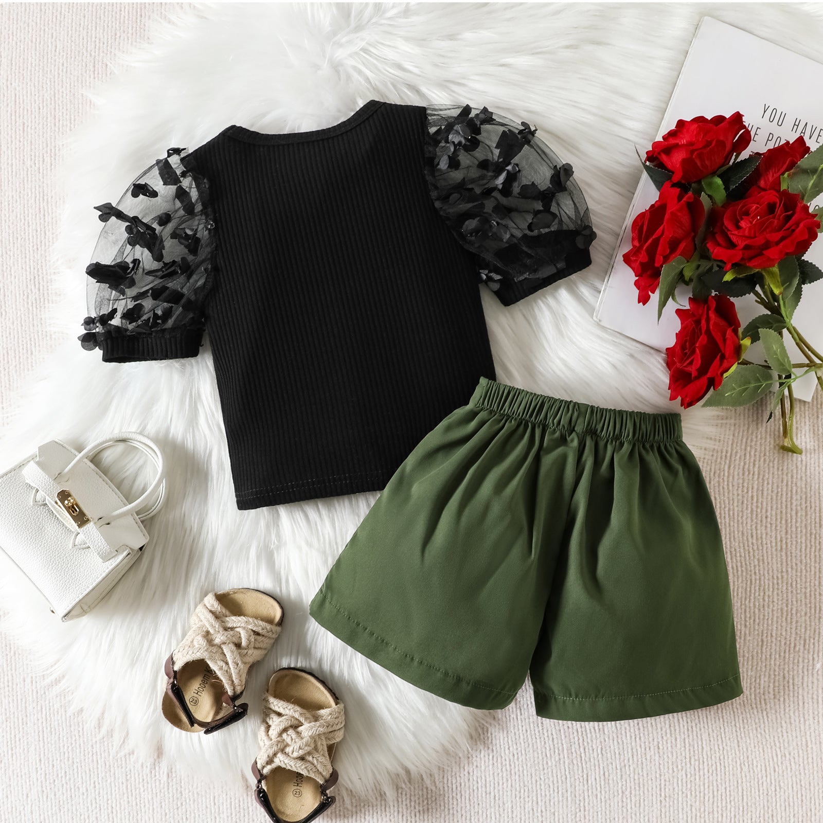 Summer Mesh Three-dimensional Petals Short Sleeve Shorts For Girls Suit