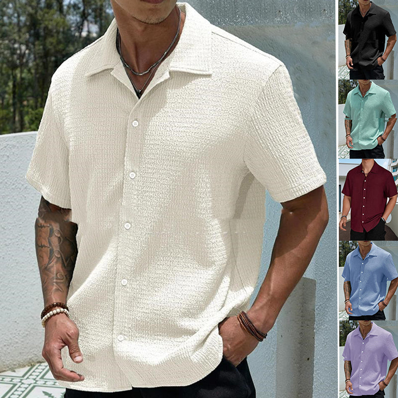 Men's Solid Color Short Sleeve Shirt Fashion Casual Button Lapel Tops Clothing