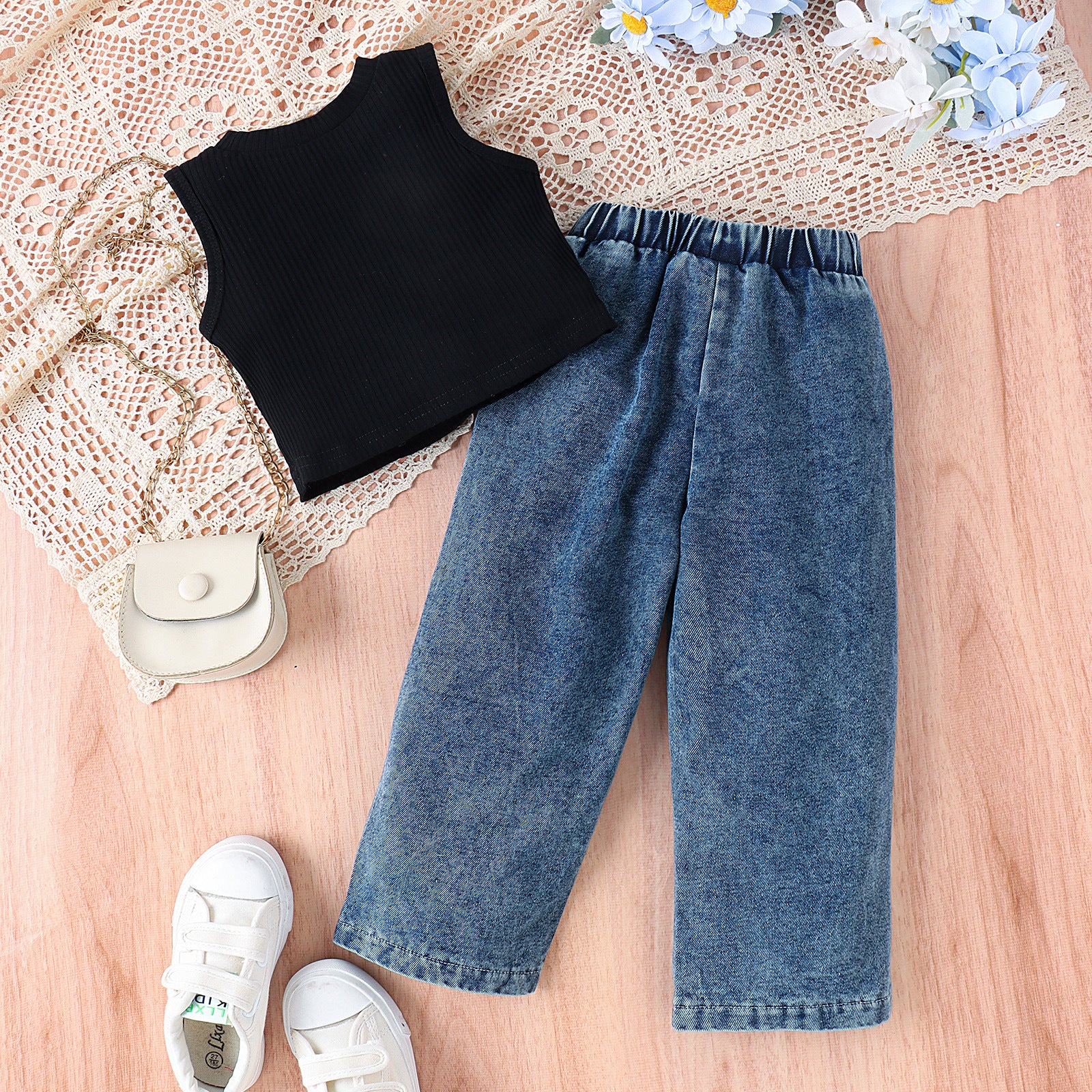 Sleeveless Vest Butterfly Print Washed Jeans Girls Suit