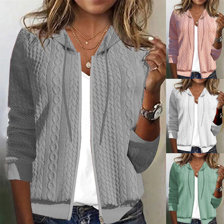 Solid Color Hooded Loose Zip Long Sleeve Sweaters Women's Clothing