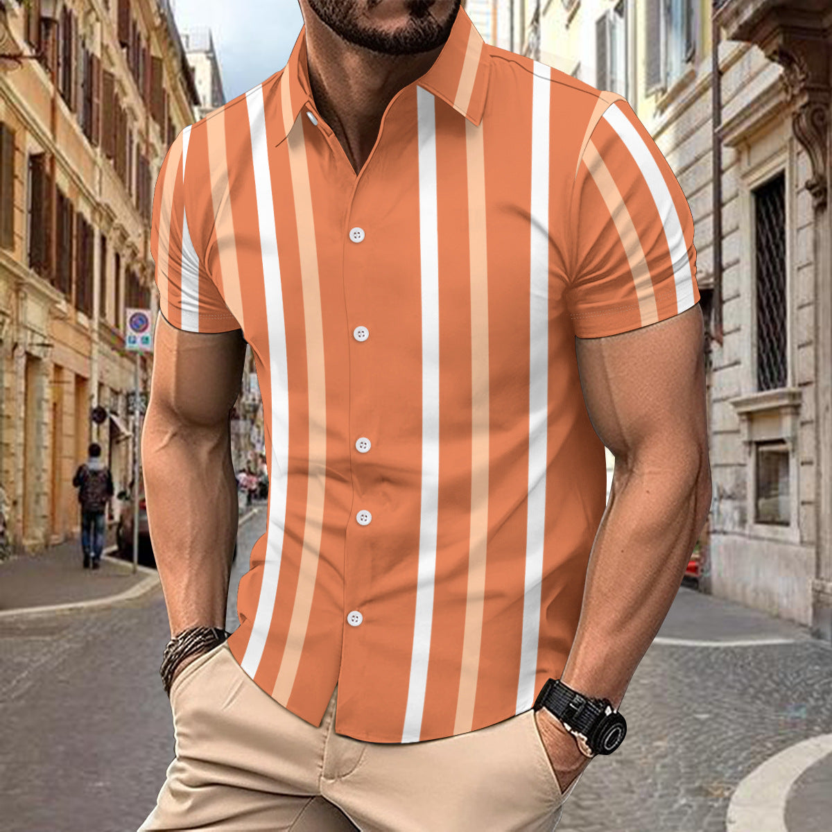 Casual Striped Printed Short Sleeve Shirt Summer Lapel Button Top Men's Clothing