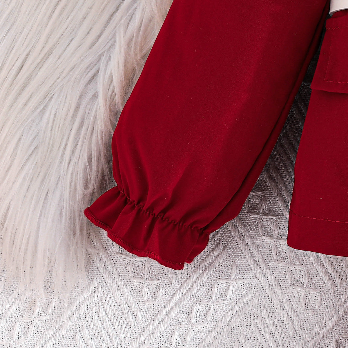 Girls' Long-sleeved White Belt Top Ruffled Blazer Trousers Three Pieces