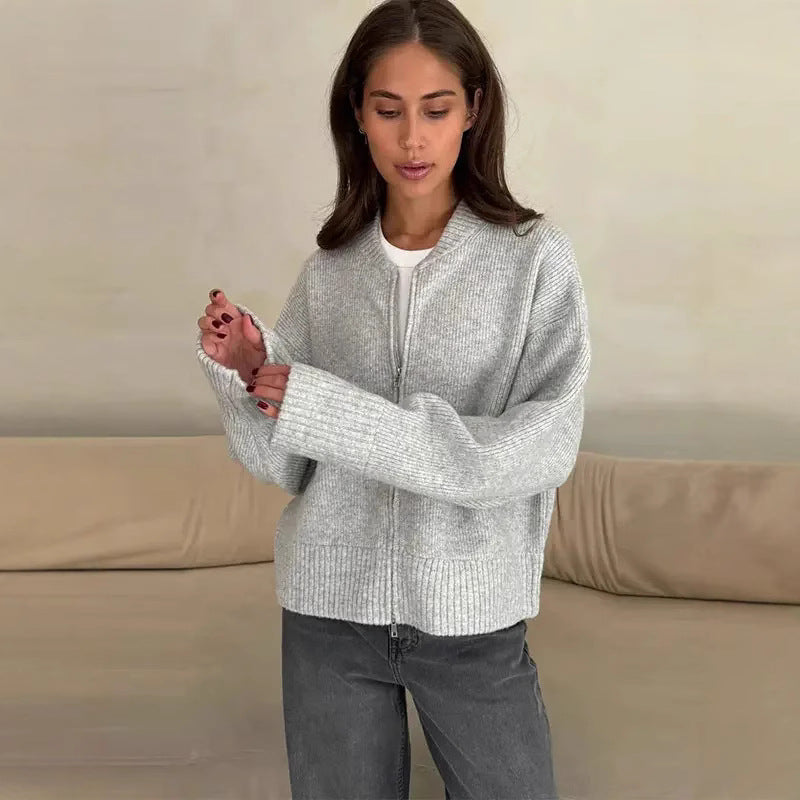 Women's Spring Clothing Casual All-match Round Neck Zipper Knitted Short Coat