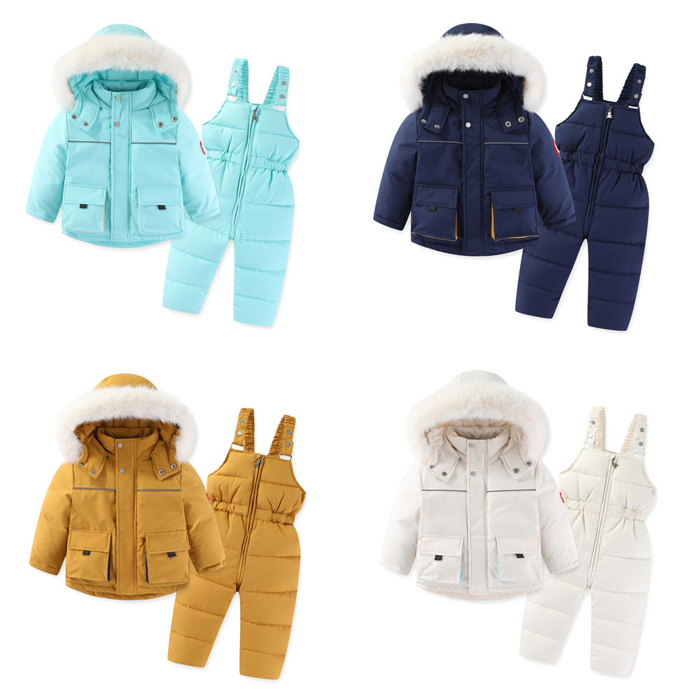 Windproof Waterproof Boys And Girls Big Fur Collar Ski Cotton-padded Overalls Suit
