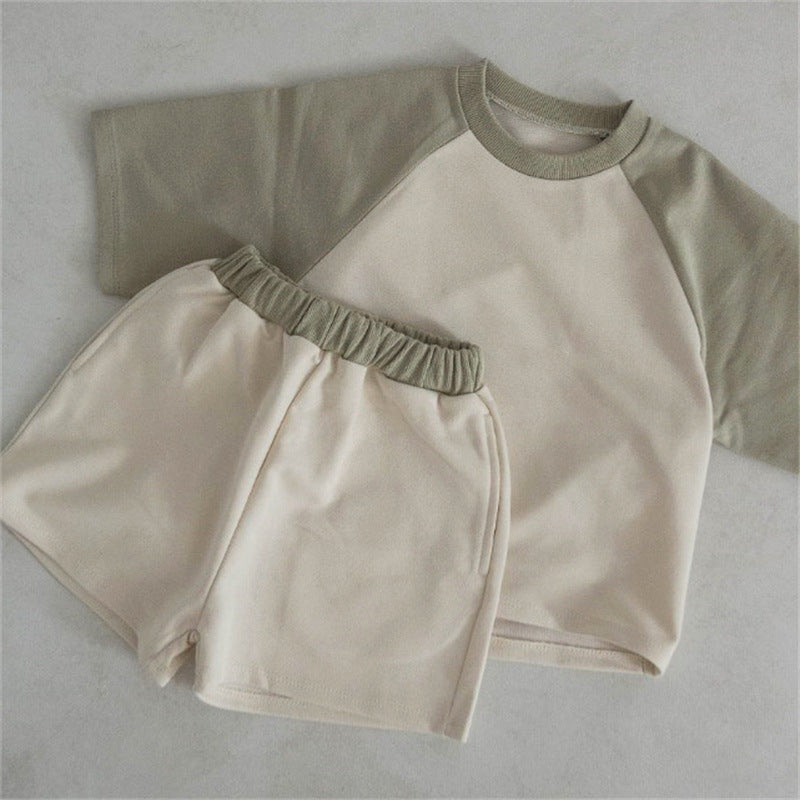 Fashion Colorblock Raglan Short Sleeve Shorts Casual Two-piece Suit