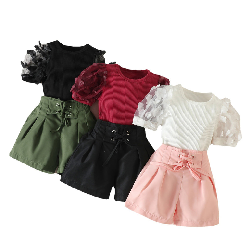 Summer Mesh Three-dimensional Petals Short Sleeve Shorts For Girls Suit