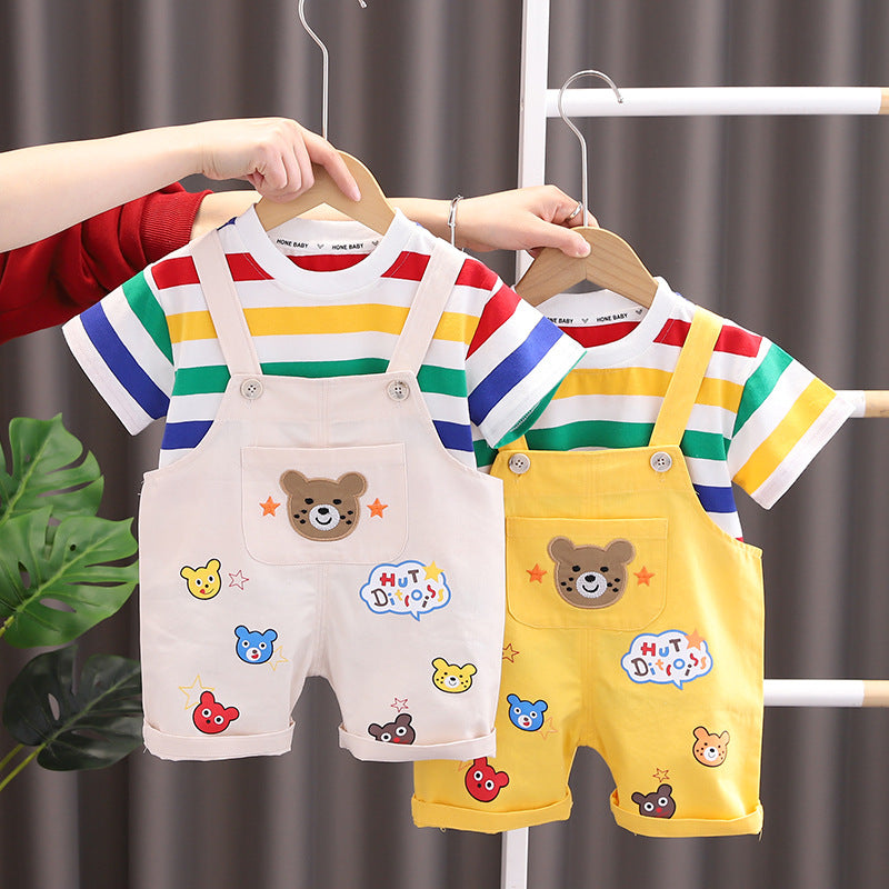 Boys' Summer Casual Suspender Trousers Short Sleeve Suit