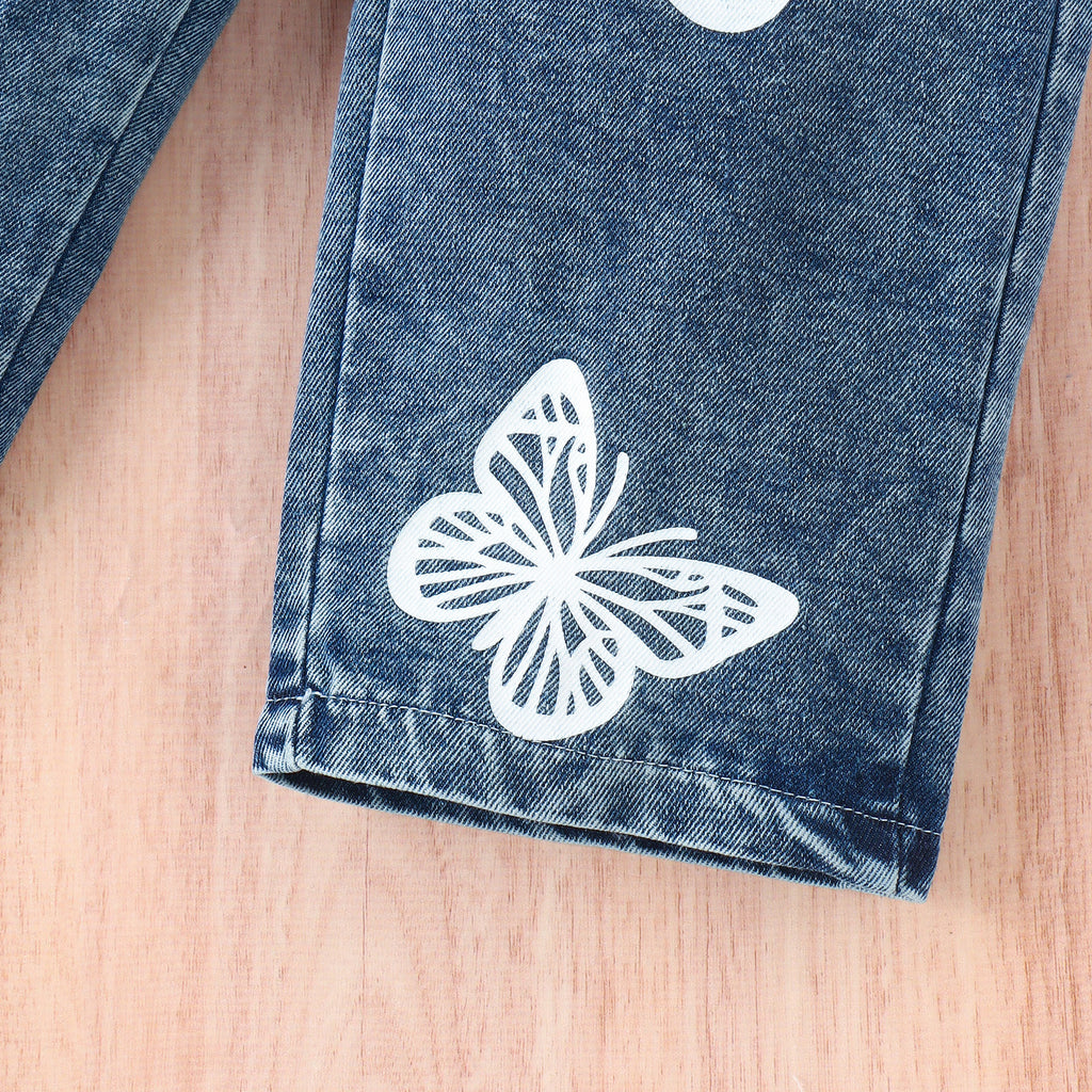 Sleeveless Vest Butterfly Print Washed Jeans Girls Suit