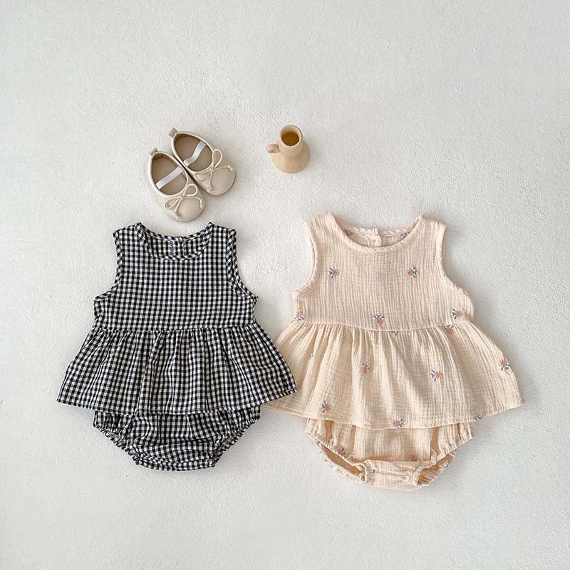 Girls' Plaid Embroidered Sleeveless Short Skirt Two-piece Set