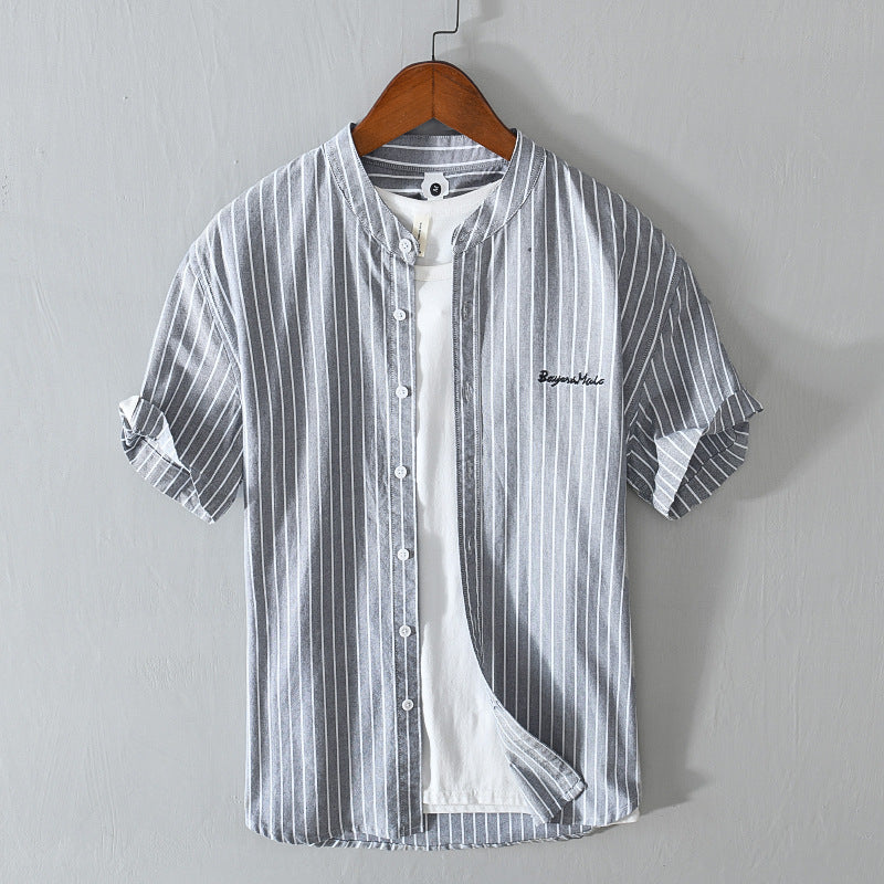 English Letter Stripes Short Sleeve Embroidered Shirt Men's Clothing