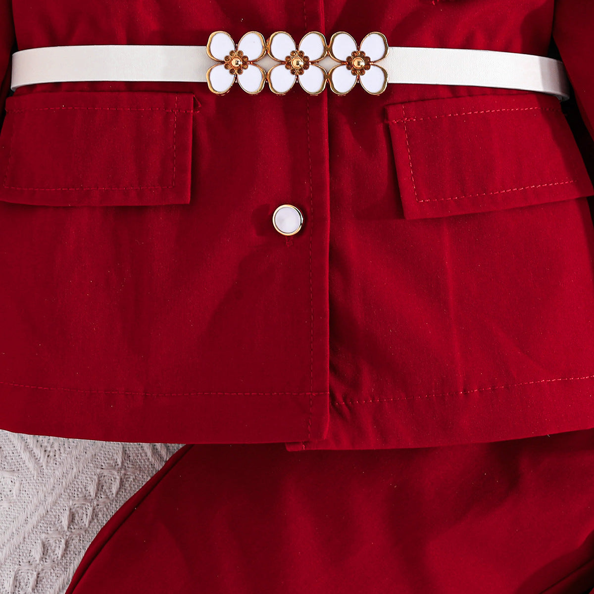 Girls' Long-sleeved White Belt Top Ruffled Blazer Trousers Three Pieces