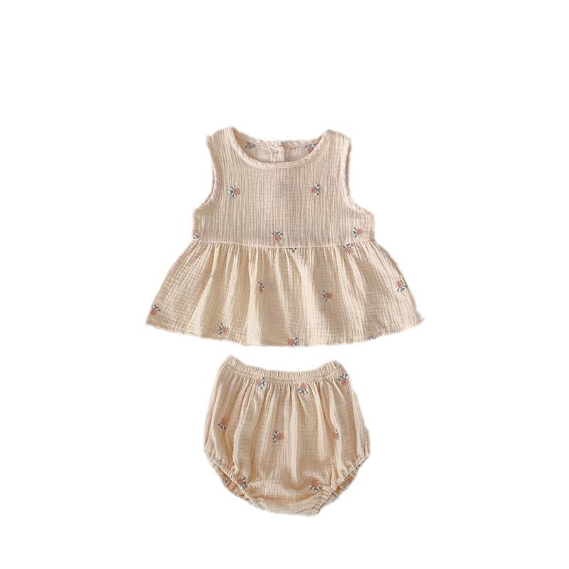 Girls' Plaid Embroidered Sleeveless Short Skirt Two-piece Set