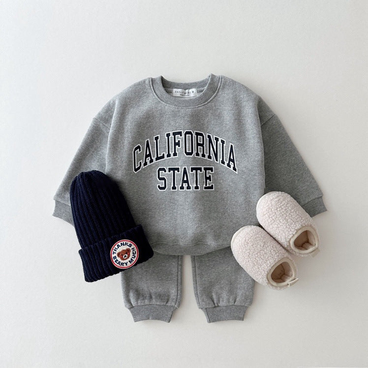 Boys And Girls Lettered Casual Brushed Hoody Warm Trousers Two-piece Set