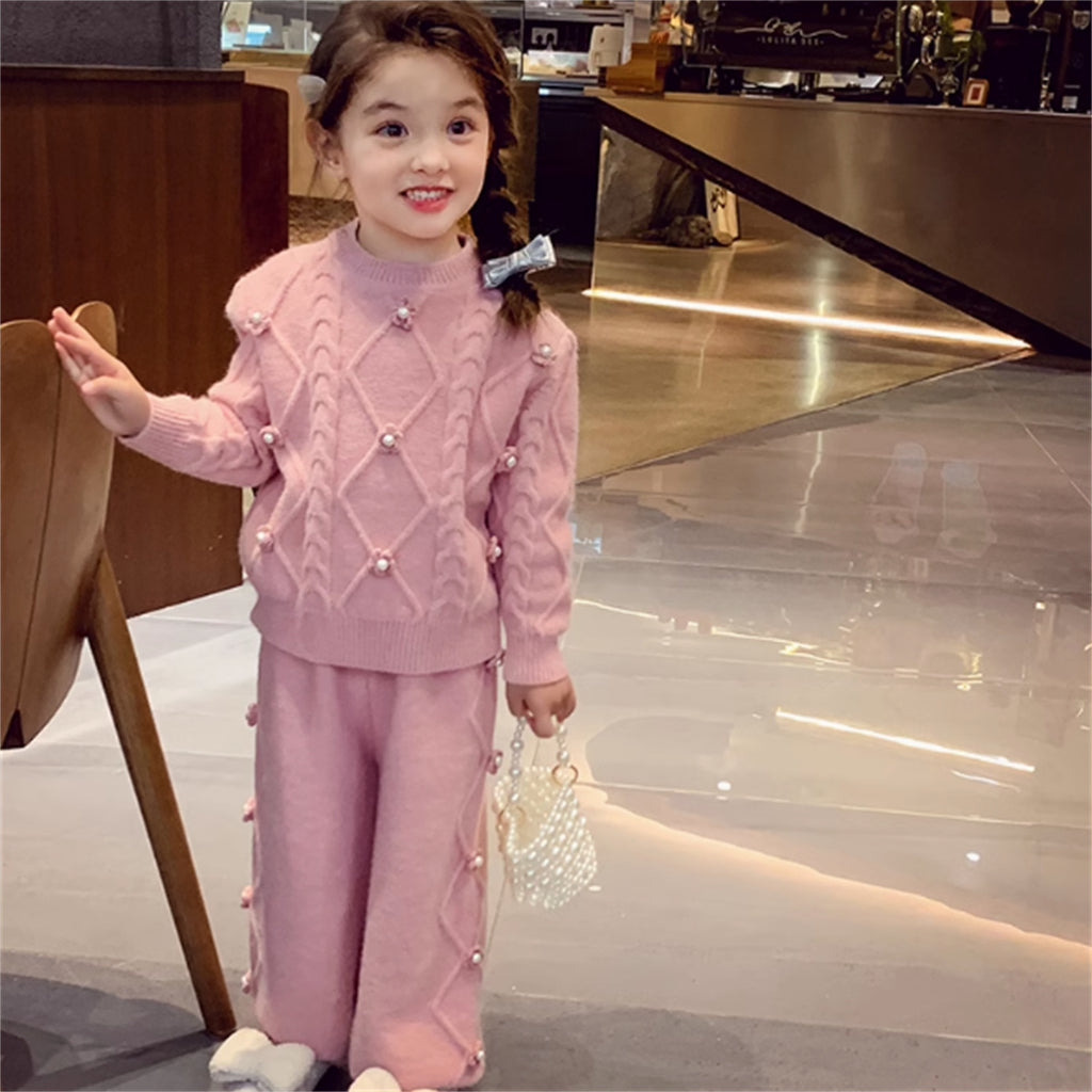 Fashionable Children's Pullover Sweater Wide Leg Pants Two Piece Suit For Girls