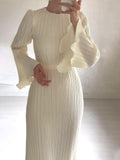 Elegant Pleated Bell Sleeve Mid-length Dress Women's Clothing