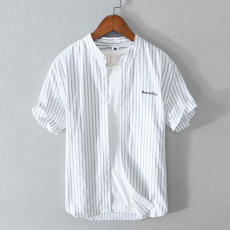 English Letter Stripes Short Sleeve Embroidered Shirt Men's Clothing