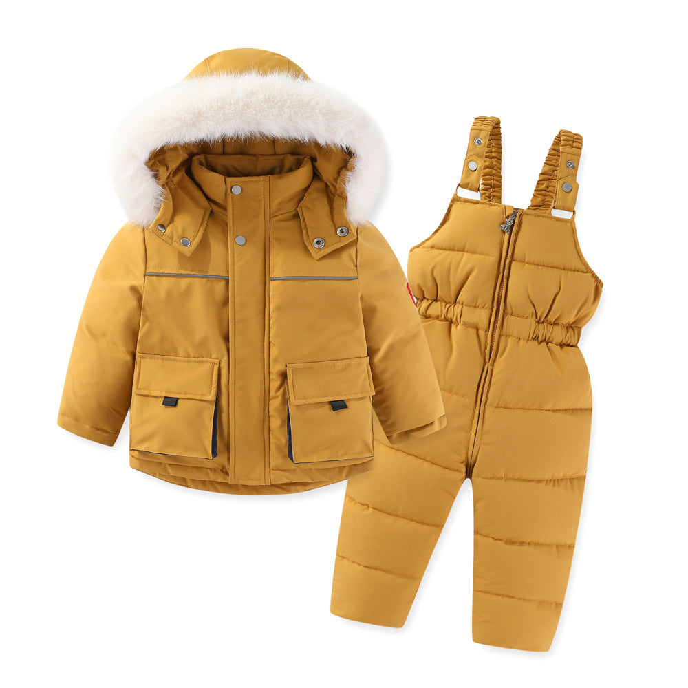 Windproof Waterproof Boys And Girls Big Fur Collar Ski Cotton-padded Overalls Suit