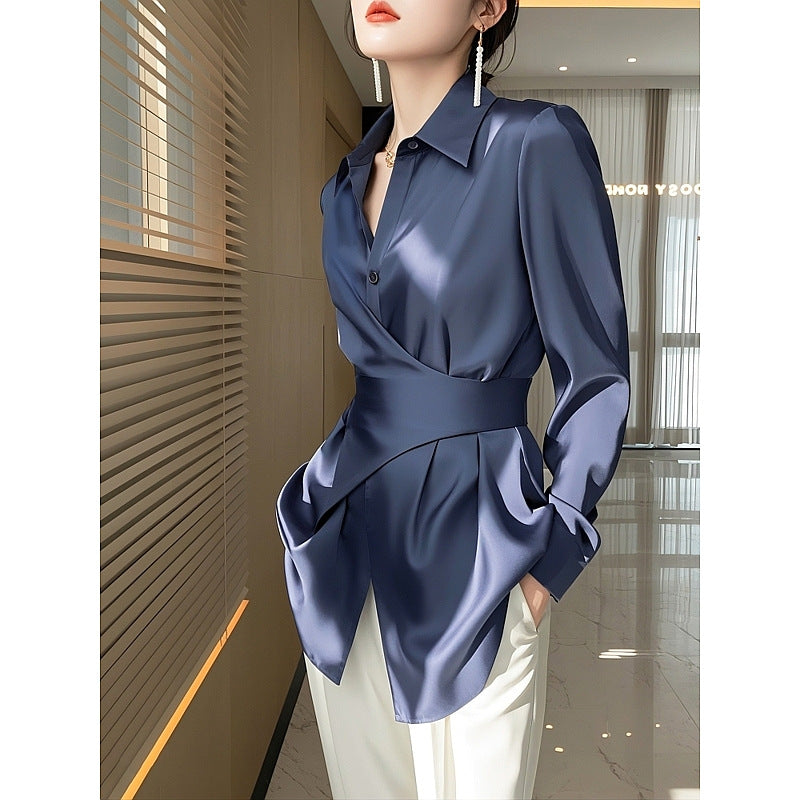 Blue Shirt Satin Waist Trimming Shirt Women's Clothing