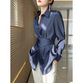 Blue Shirt Satin Waist Trimming Shirt Women's Clothing