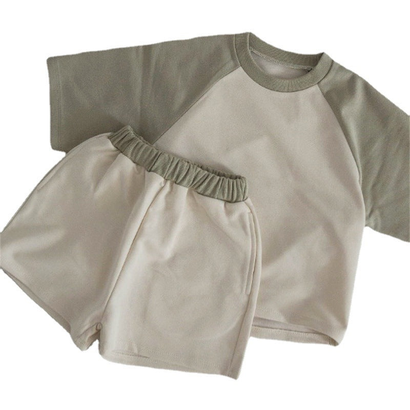 Fashion Colorblock Raglan Short Sleeve Shorts Casual Two-piece Suit