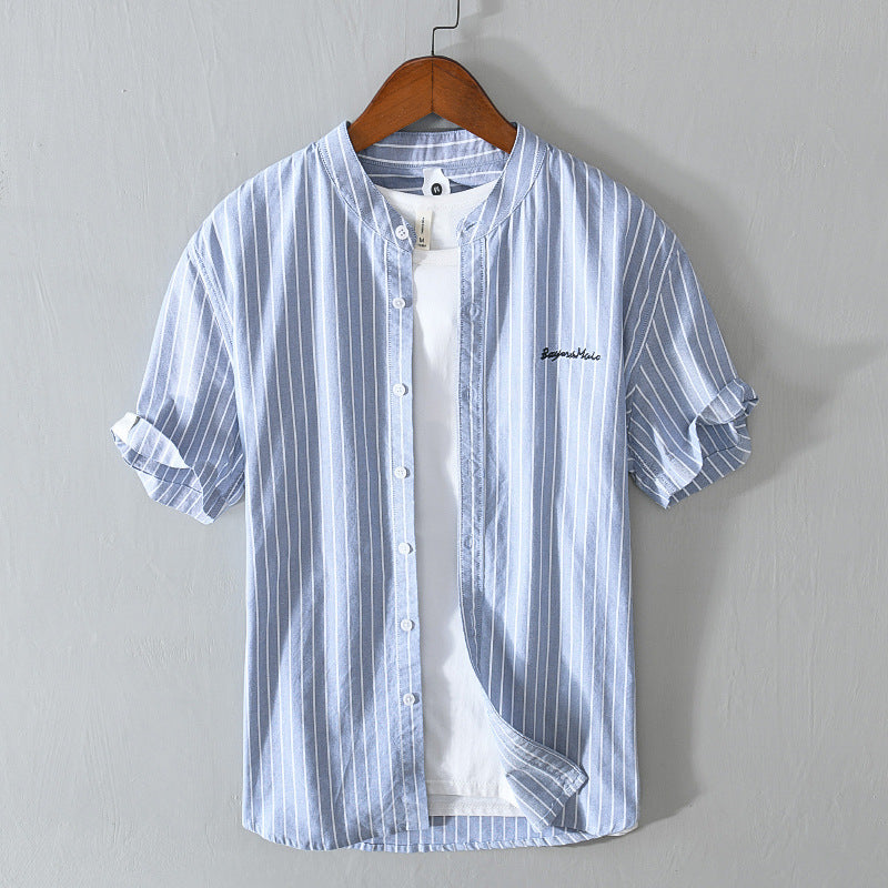English Letter Stripes Short Sleeve Embroidered Shirt Men's Clothing