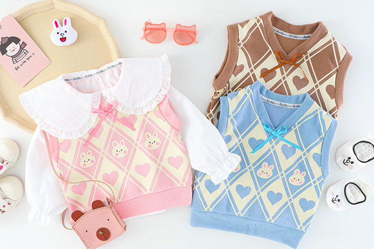 Autumn College Style Girls' Sweater Vest Vest Shirt Three-piece Set