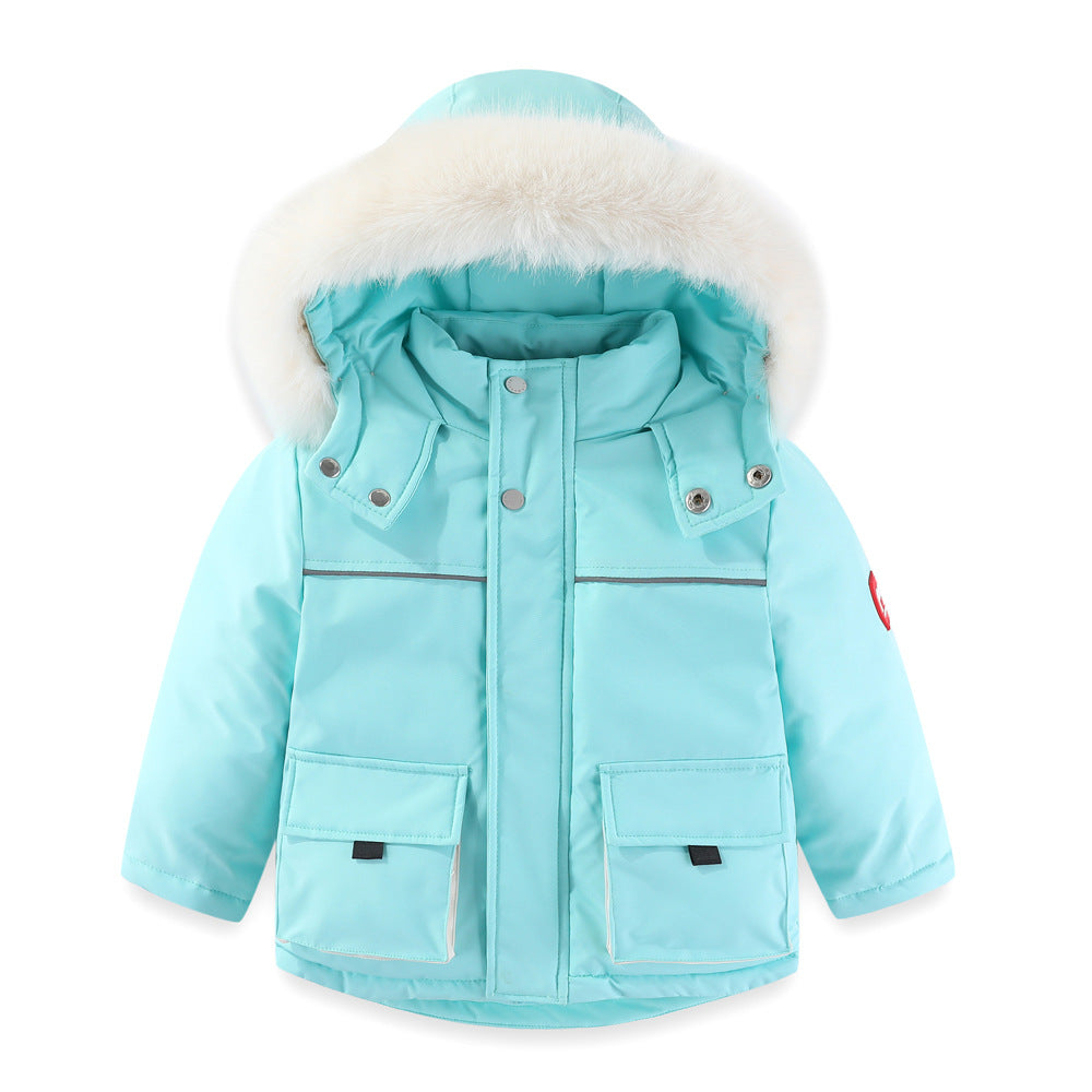 Windproof Waterproof Boys And Girls Big Fur Collar Ski Cotton-padded Overalls Suit