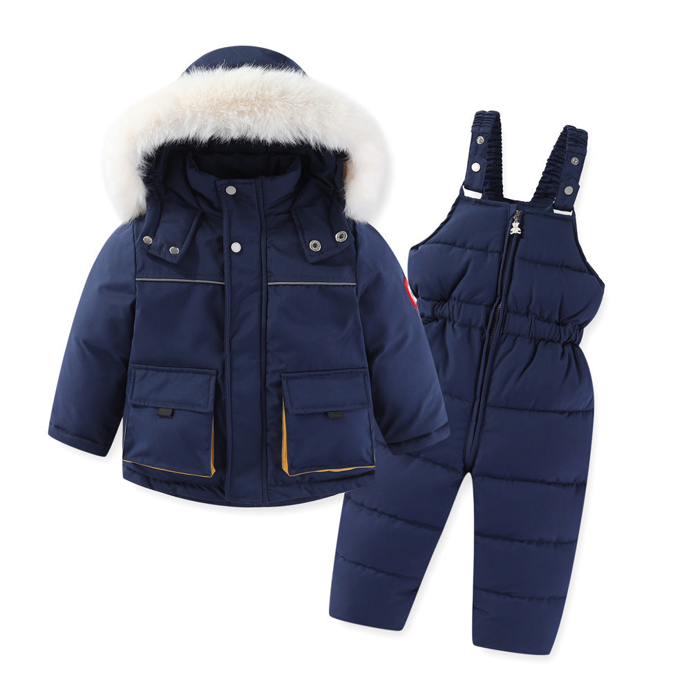 Windproof Waterproof Boys And Girls Big Fur Collar Ski Cotton-padded Overalls Suit