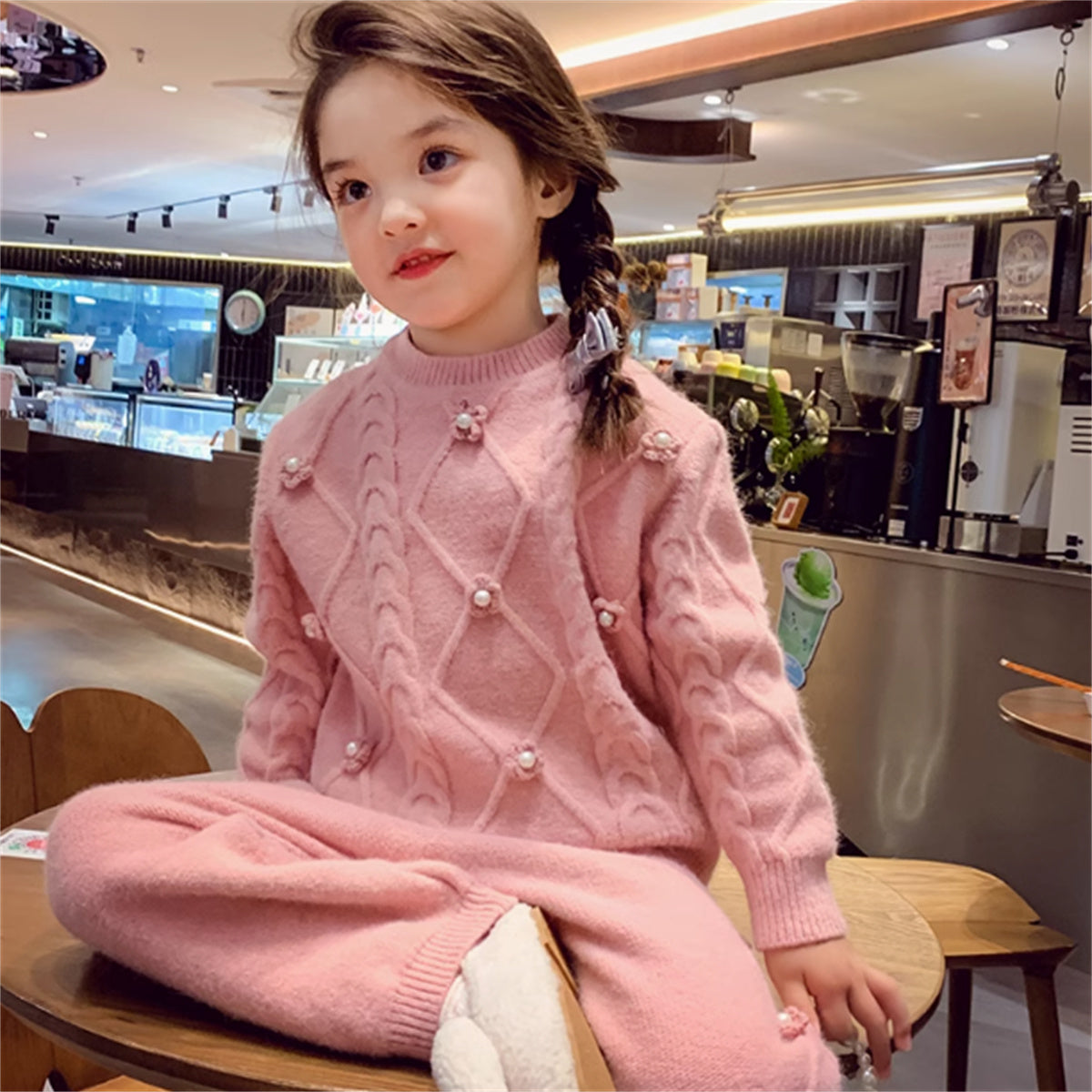 Fashionable Children's Pullover Sweater Wide Leg Pants Two Piece Suit For Girls