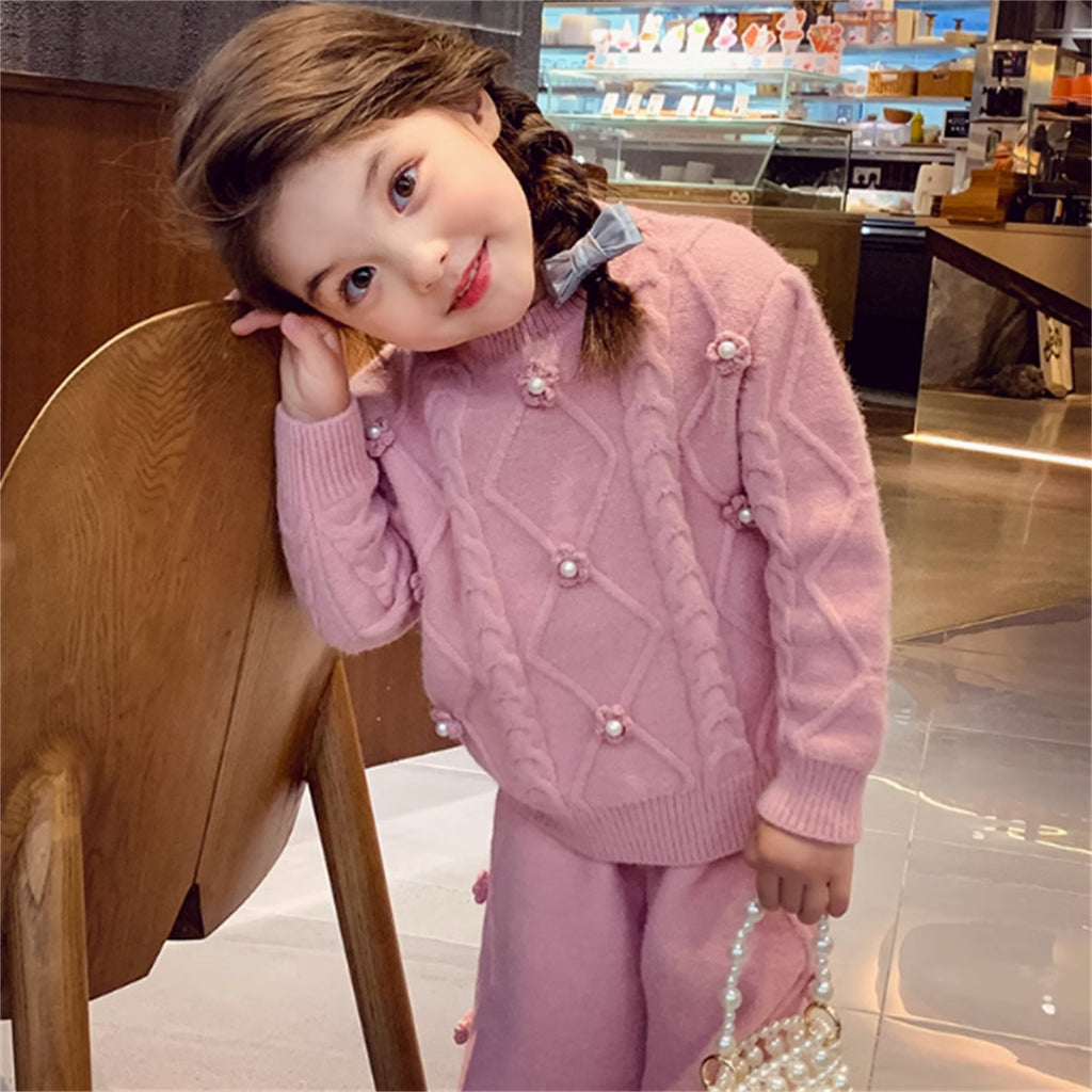 Fashionable Children's Pullover Sweater Wide Leg Pants Two Piece Suit For Girls