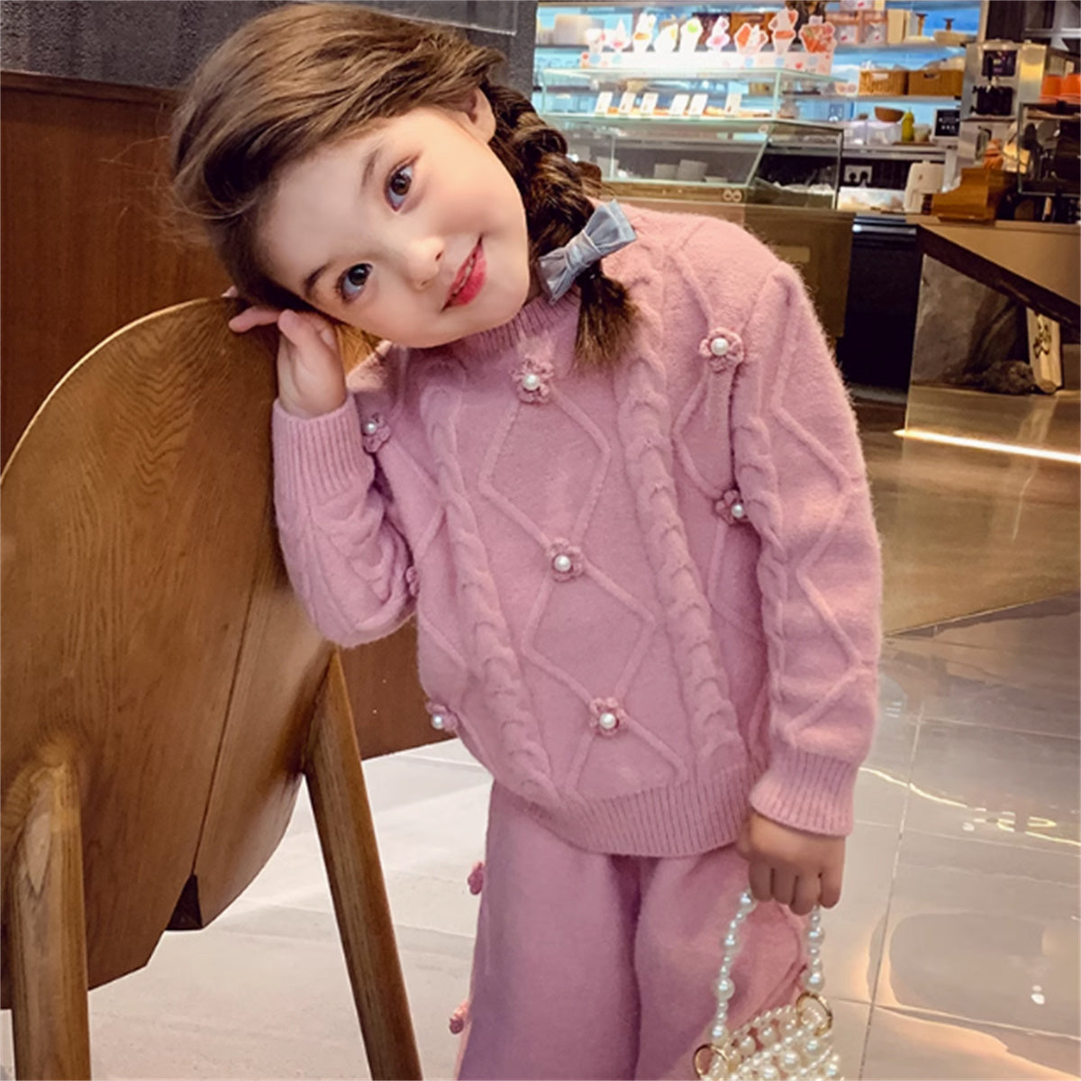 Fashionable Children's Pullover Sweater Wide Leg Pants Two Piece Suit For Girls