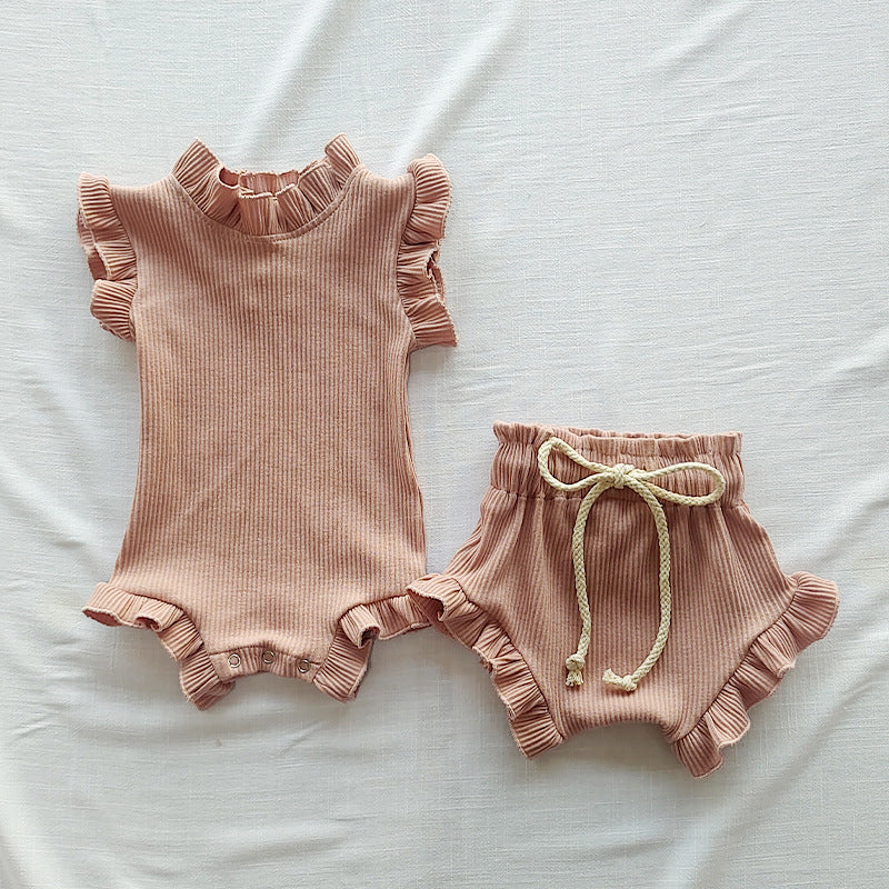 Nfant Sunken Stripe Thread Short Sleeve Wooden Ear Rompers Jumpsuit Plus Shorts Suit Baby Rompers