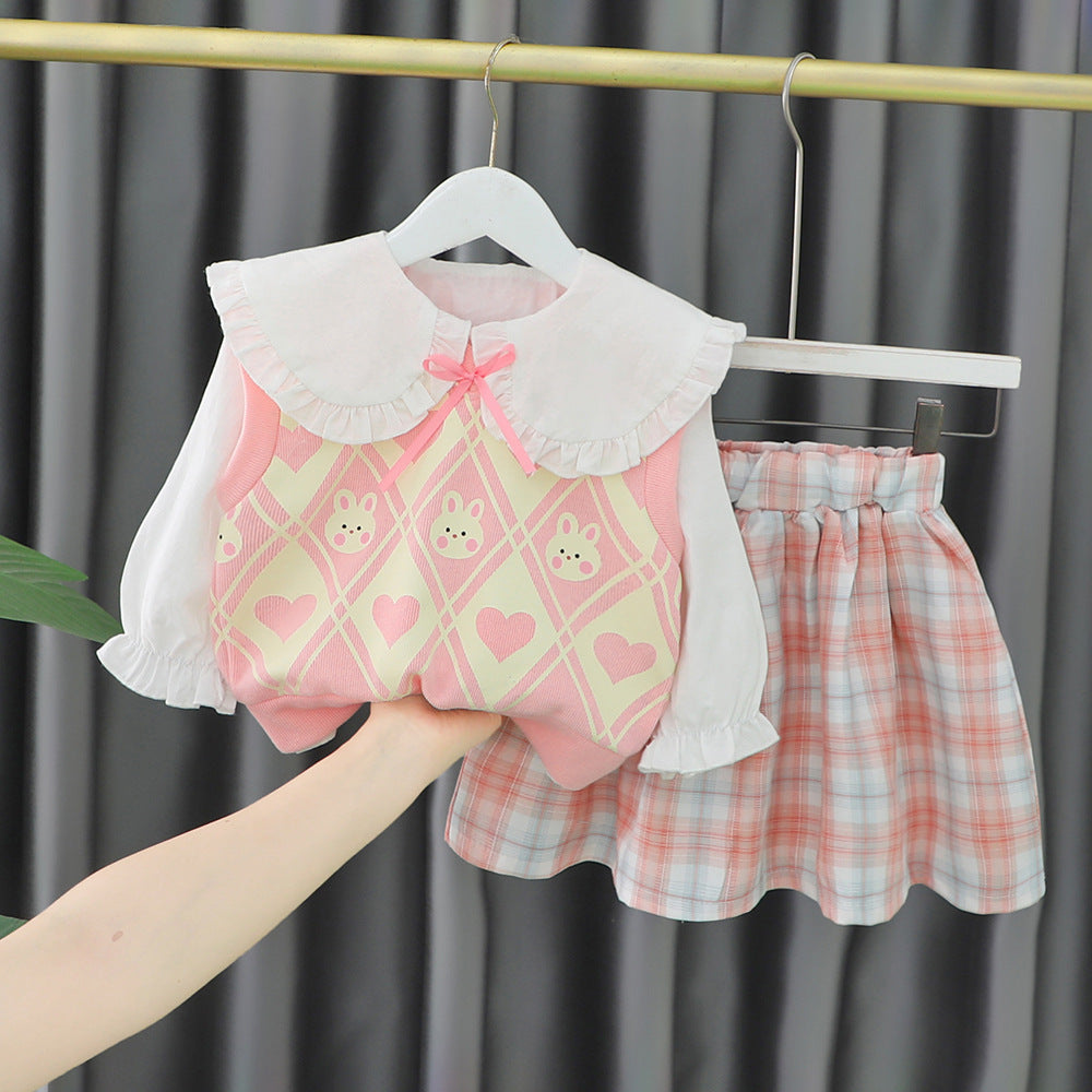 Autumn College Style Girls' Sweater Vest Vest Shirt Three-piece Set