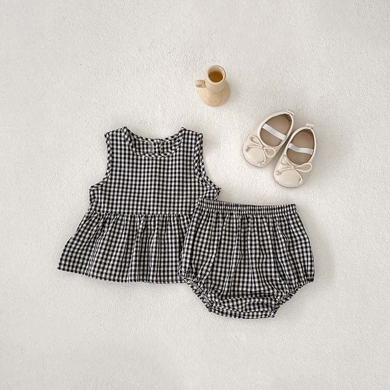 Girls' Plaid Embroidered Sleeveless Short Skirt Two-piece Set