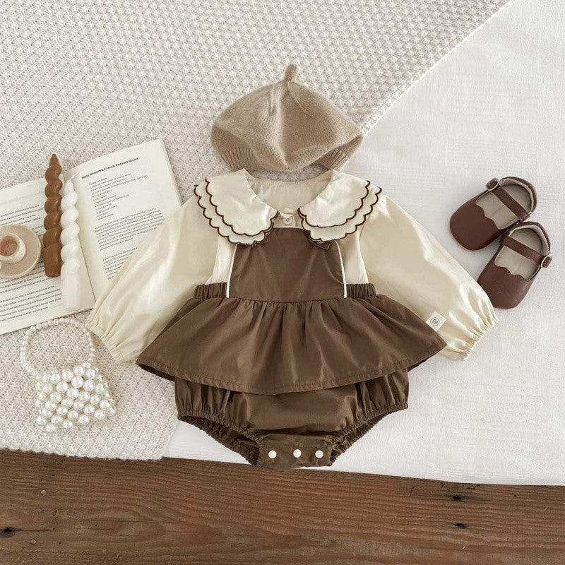 Girls' Long-sleeved Suspender Romper Doll Collar Shirt Jumpsuit Suit