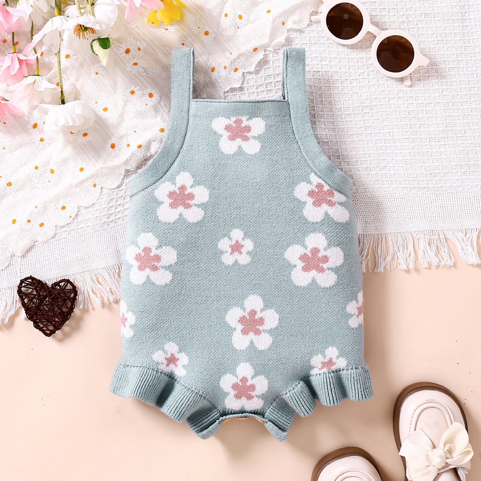 Children's Clothing Baby Strap Embroidery Light Blue Vest Jumpsuit